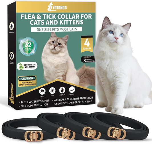 YOTANGO 4 Pack Flea Collar for Cats, 32 Months Flea and Tick Prevention for Cats, Waterproof Cat Fleas Collar, Cat Fleas and Ticks Treatment, Adjustable Tick Collars for Kittens-Black