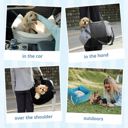 Dog Car Seat for Small Pets - Portable Travel Carrier With Pocket, Memory Foam Filling, Safety Leash - Machine Washable, Waterproof Booster Bed (Grey)