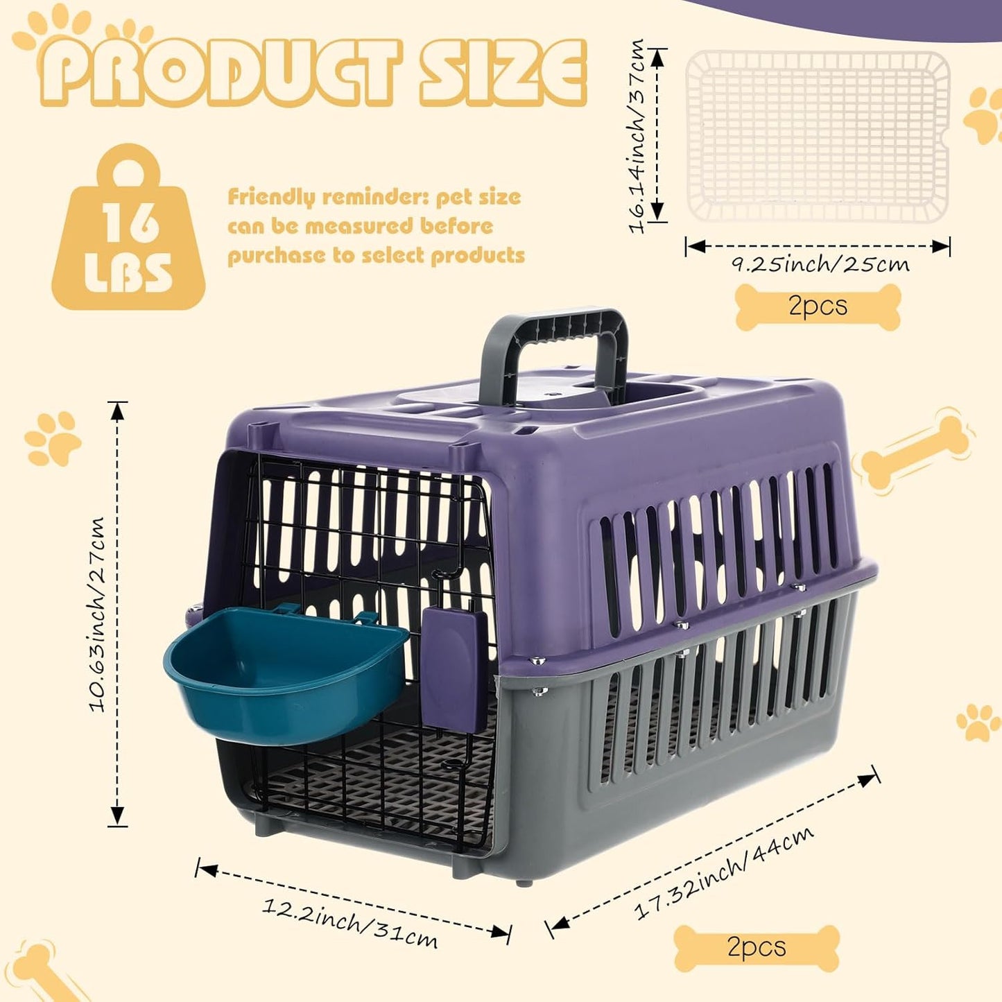 2 Set 17.5" Hard-Sided Travel Pet Carriers for Small Dogs and Cats Plastic Dog Crate Cat Kennel with Door, Ventilation and Security Lock Portable Carrier for Car Airline Travel,Up to 13Lbs(Purple)
