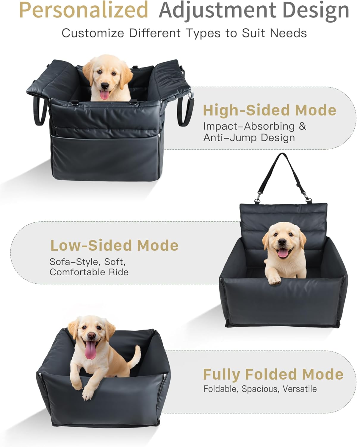 Dog Car Seats for Medium Dogs : Secure & Cushioned Pet Booster for Travel – 2-in-1 Foldable Dog Bed for Front or Back Seat, Waterproof PU Leather, Up to 45 lbs（Black）