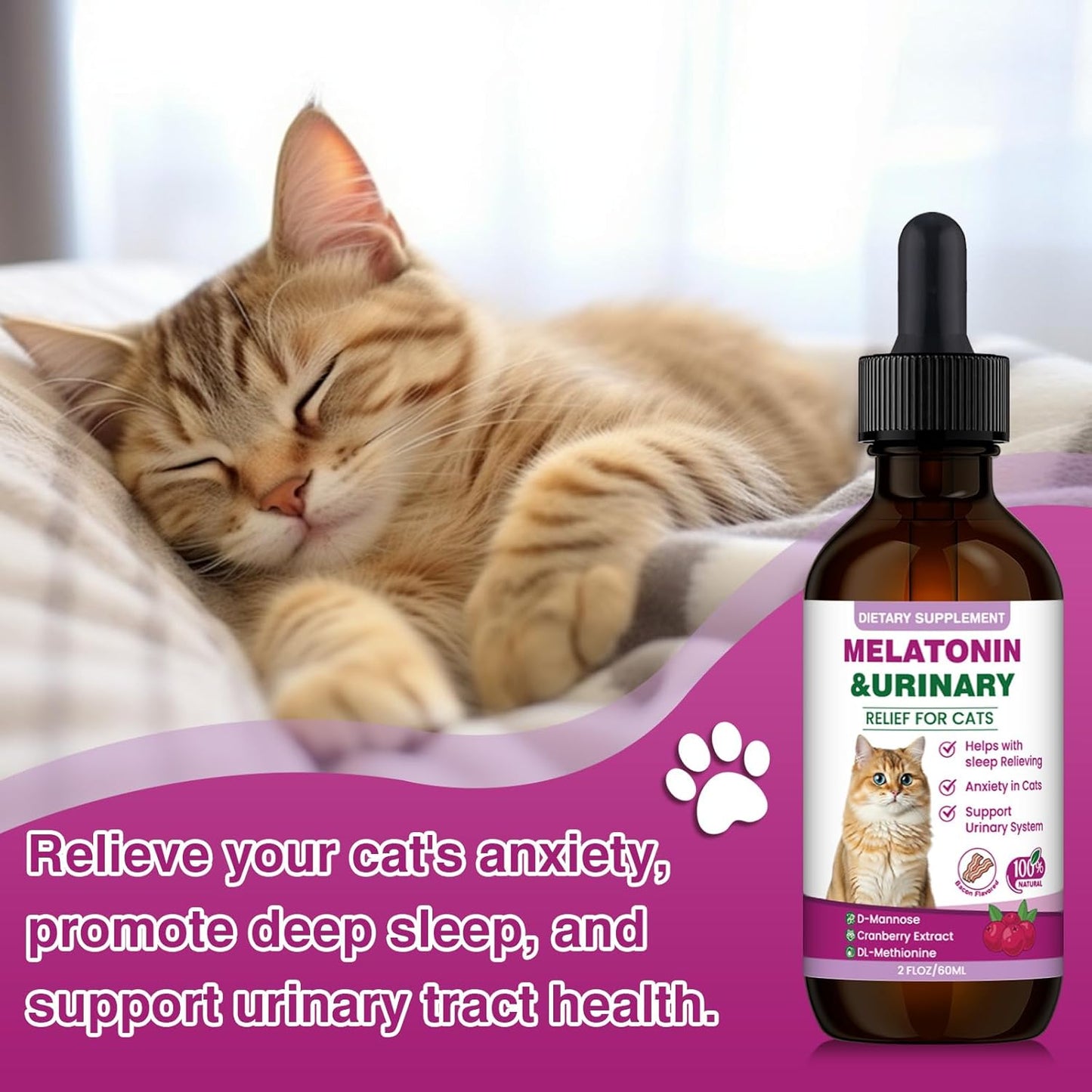 Cat Melatonin with Cranberry Extract – Calming Supplement for Cats to Ease Anxiety and Stress, Promote Relaxation and Better Sleep, Supports Urinary Tract Health