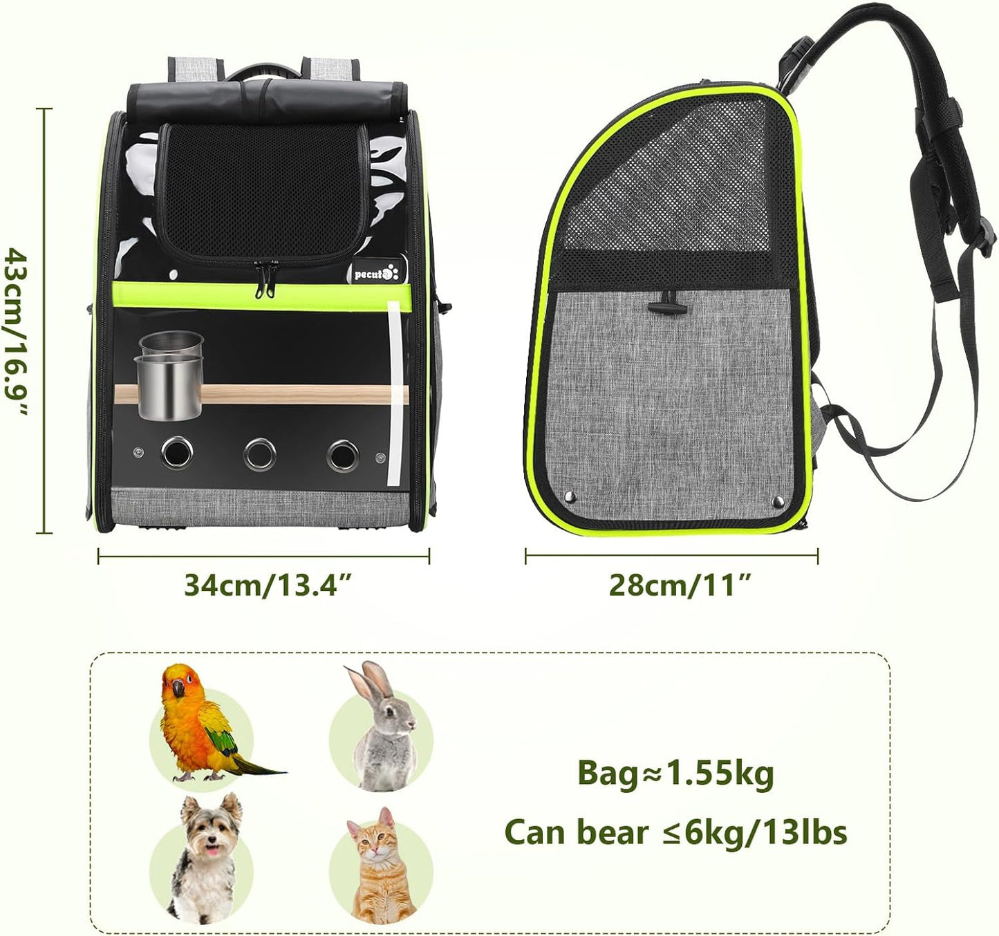 Pecute Bird Carrier Backpack, Parrots Bird Backpack with Visible Window, Adjustable Height Standing Perch, Feeding Cans, Waterproof Pads, Lightweight Foldable Birds Travel Cage for Hiking Camping