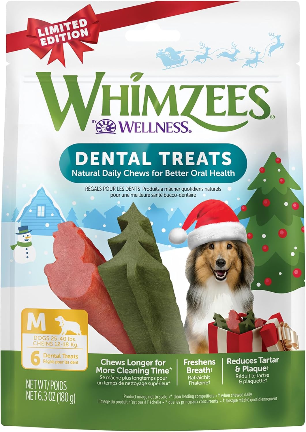 WHIMZEES Wellness Holiday Dog Dental Treats, Christmas Gift for Dogs, Size Medium Stick, (6 Count)