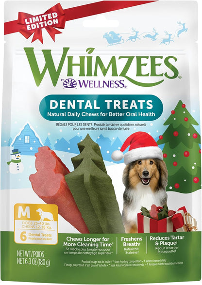 WHIMZEES Wellness Holiday Dog Dental Treats, Christmas Gift for Dogs, Size Medium Stick, (6 Count)