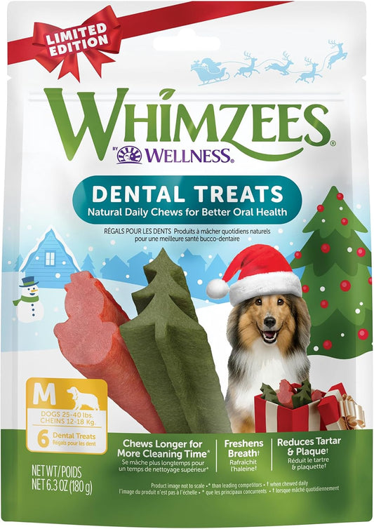 WHIMZEES Wellness Holiday Dog Dental Treats, Christmas Gift for Dogs, Size Medium Stick, (6 Count)
