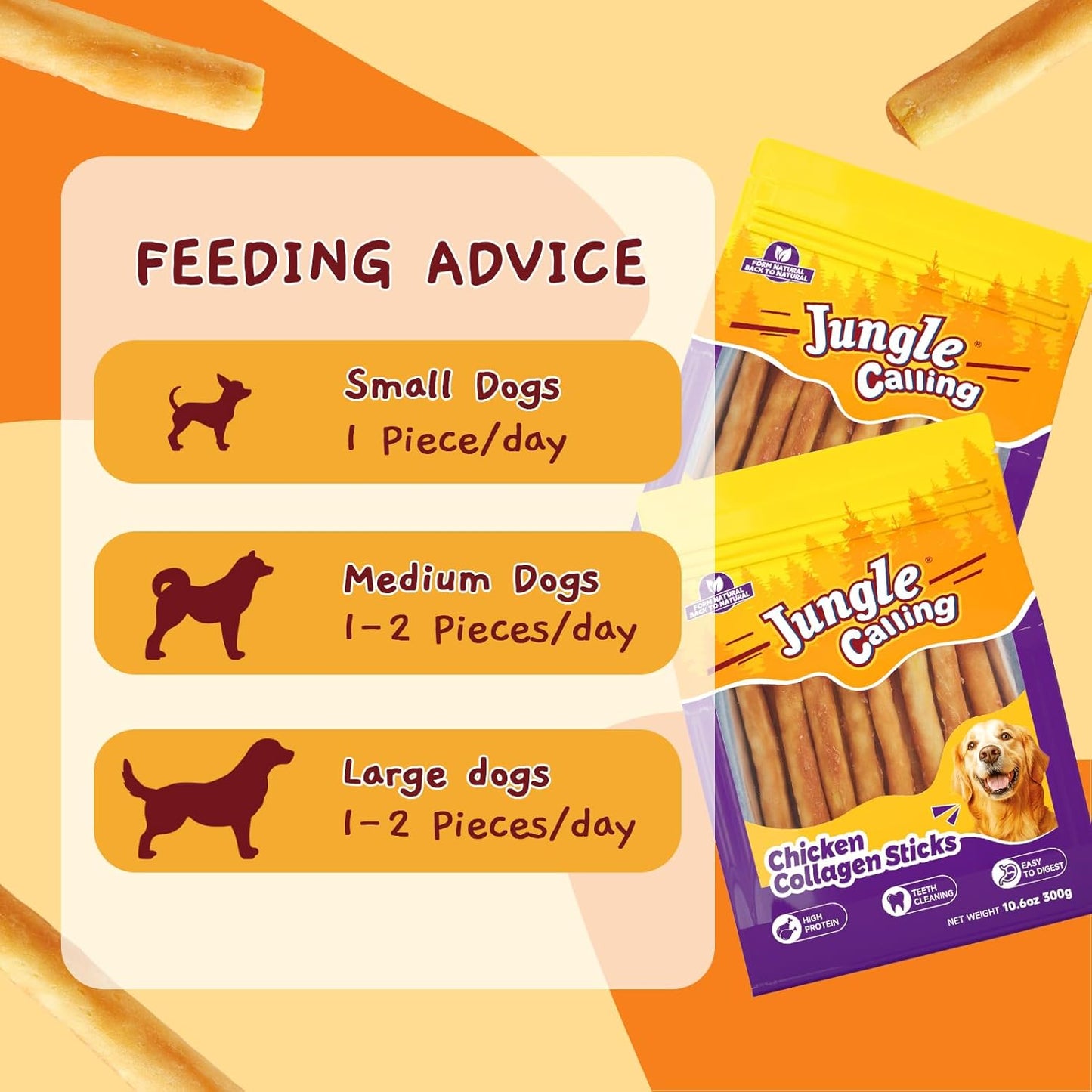 Jungle Calling Collagen Sticks for Dogs, Chicken Flavored Chews, Long Lasting Rawhide Alternative Treats for Small Medium Dog, Healthy Chew Bones, 5 Inch 10.6 oz