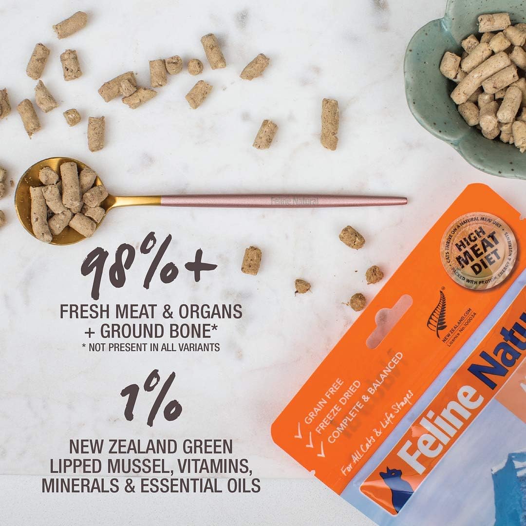 Feline Natural High Protein Dry Cat Food, Freeze-Dried Diet with 98% Meat, Organs & Seafood, No Peas, Grains, or Artificial Additives, Made in New Zealand, Chicken & Lamb, 11oz
