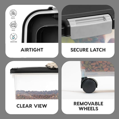 IRIS USA Airtight Dog Food Storage Container, Up to 30 lbs, Attachable Wheels, for Dog Cat Bird and other Pet Food Storage Bin, Keep Fresh, Easy Mobility, BPA Free, Black