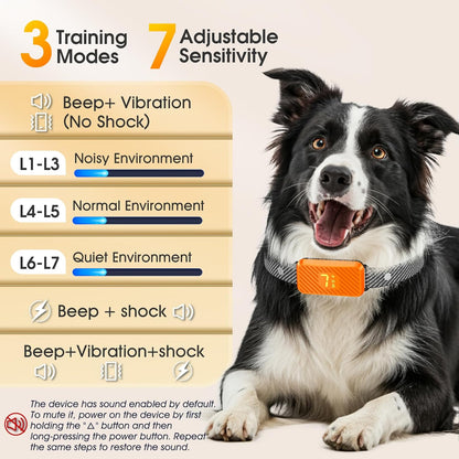 Dog Bark Collar for Large Medium Small Dogs, Effective No-Bark Collar, Smart Barking Collar, Rechargeable Bark Collar with 7-Level Sensitivity, 3 Beep & Vibration Modes, Waterproof, Orange