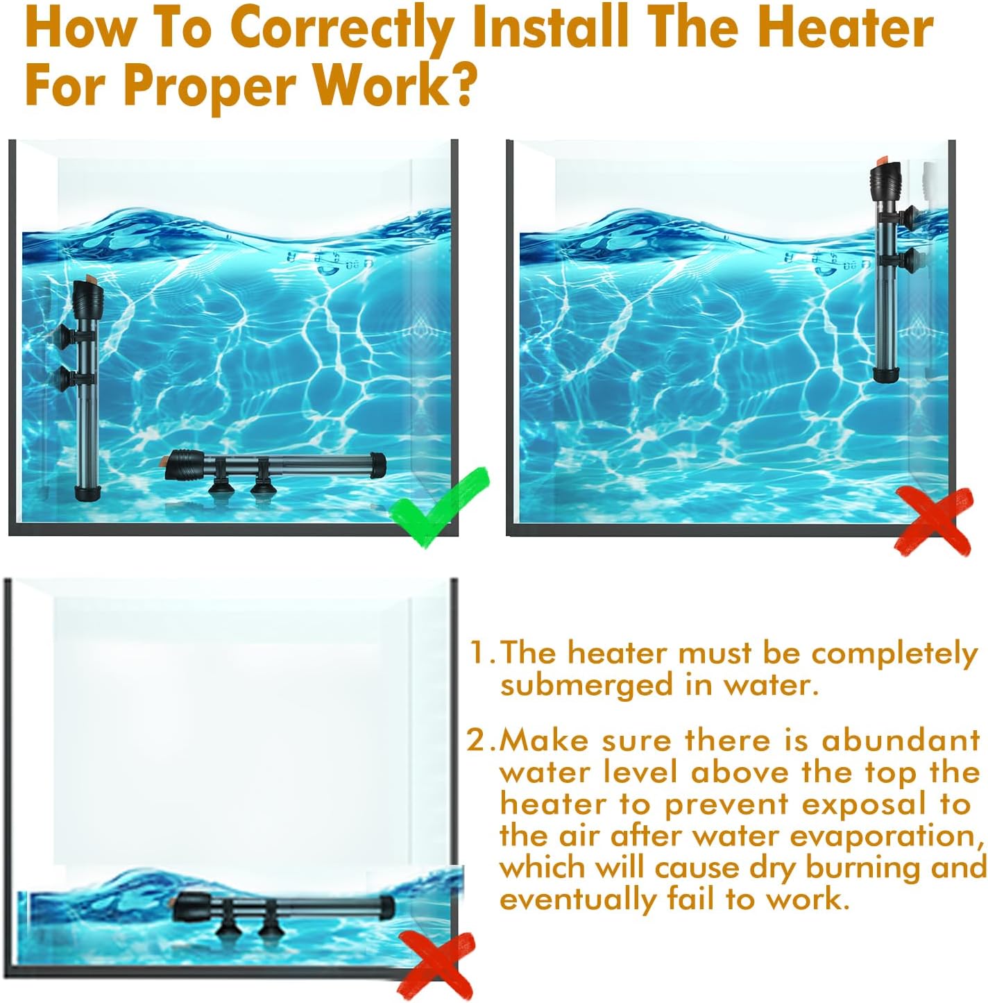 Orlushy Submersible Aquarium Heater,500W Fish Tahk Heater with Adjust Knob Thermostat 2 Suction Cups and Free Thermometer Suitable for Marine Saltwater and Freshwater (500W)