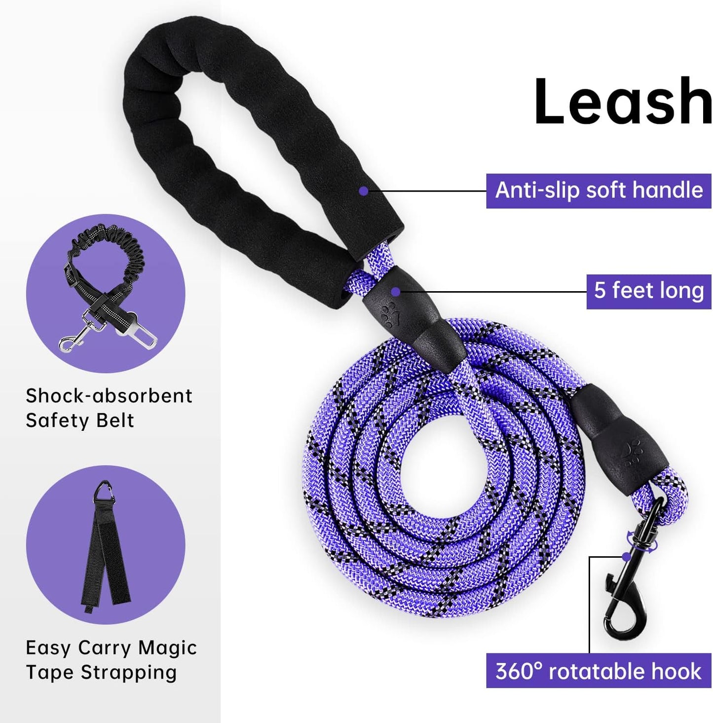 IVY&LANE No Pull Dog Harness for Medium Dogs, Dog Vest Harness with Leash, Safety Belt and Storage Strap, Fully Adjustable Harness, 360?Reflective Strip, Soft Handle (Purple, M)