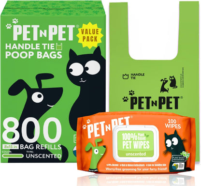 PET N PET 800 Counts Unscented Dog Poop Bags with Tie Handles, 38% Plant Based & 62% PE + 100% Plant Based Dog Wipes for Paws and Butt, 100 Counts Dog Pet Wipes, 8" x 8" Hypoallergenic Unscented Wipes