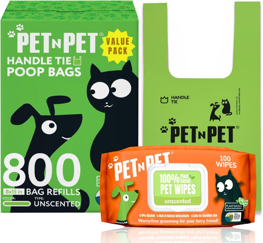 PET N PET 800 Counts Unscented Dog Poop Bags with Tie Handles, 38% Plant Based & 62% PE + 100% Plant Based Dog Wipes for Paws and Butt, 100 Counts Dog Pet Wipes, 8" x 8" Hypoallergenic Unscented Wipes
