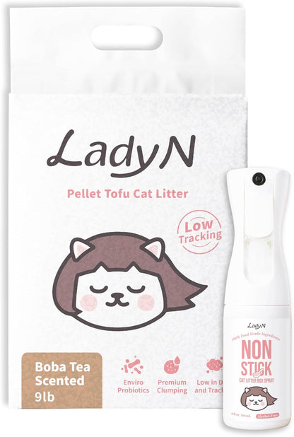 Cat Litter Box Optimizer Set: Non-Stick Spray & Pellet Tofu Litter Boba 9lb - Alcohol-Free, Food Grade Oil, Strong Clumping, Low Tracking
