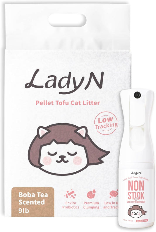 Cat Litter Box Optimizer Set: Non-Stick Spray & Pellet Tofu Litter Boba 9lb - Alcohol-Free, Food Grade Oil, Strong Clumping, Low Tracking