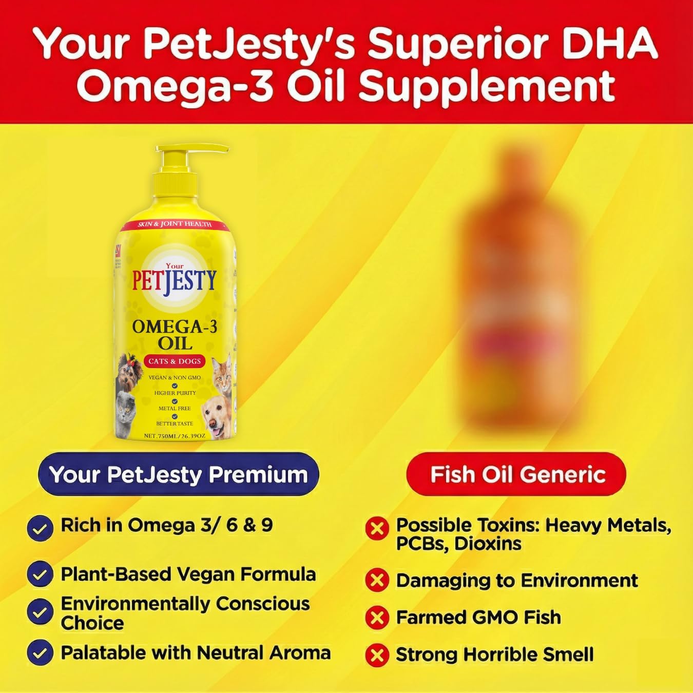 PetJesty Pure Omega 3 Oil for Dogs & Cats 26.39oz - Omega 3 Skin & Coat Support- Liquid Food Supplement for Pets - Vegan pet + DHA for Joint Function, Immune & Heart Health, Non Fish Oil Dog and Cat