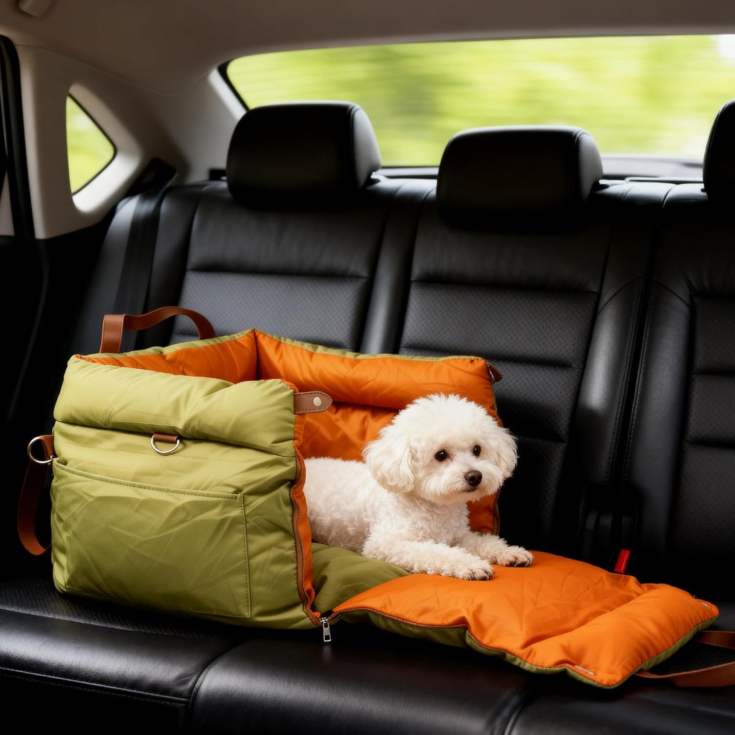 Dog Car Seat for Small & Medium Dogs, Waterproof Soft Leather Dog Car Bed with Harness Clip, Travel Bed & Carrier Bag for Pets, Fits Pets Up to 35 lbs (Green, Small & Medium)