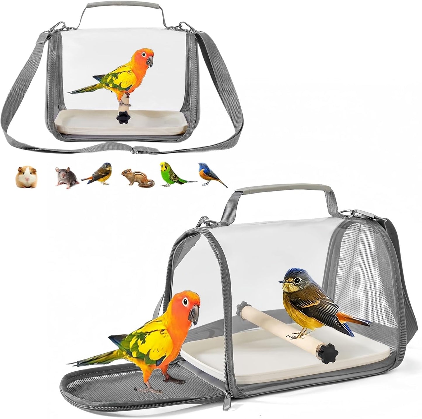 Portable Small Bird Travel Cage Carrier, A Convenient Go Out Solution for Various Birds and Lizard, Featuring a Standing Perch and Comfortable Mat (with Tray).