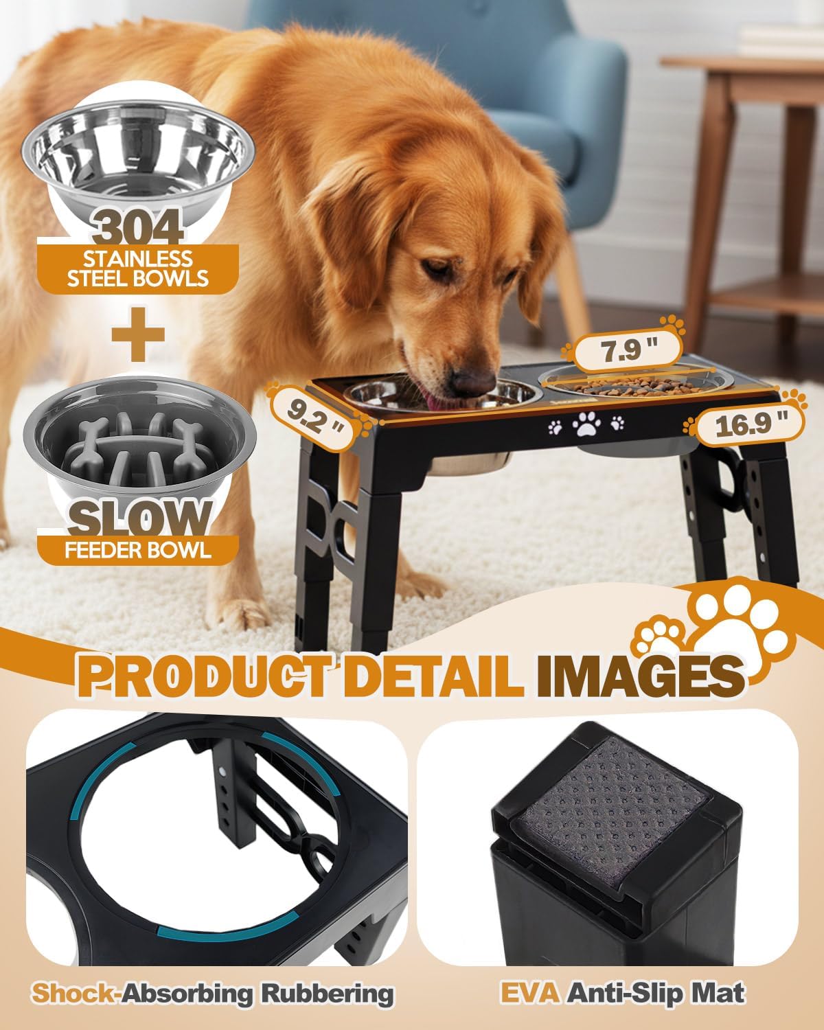 Elevated Dog Bowls, Dog Feeder with Stainless Steel Dishes & Slow Feeder Bowl, 5 Heights Adjustable Raised Stand for Medium Large, Food Dishes with Non-Slip Feet