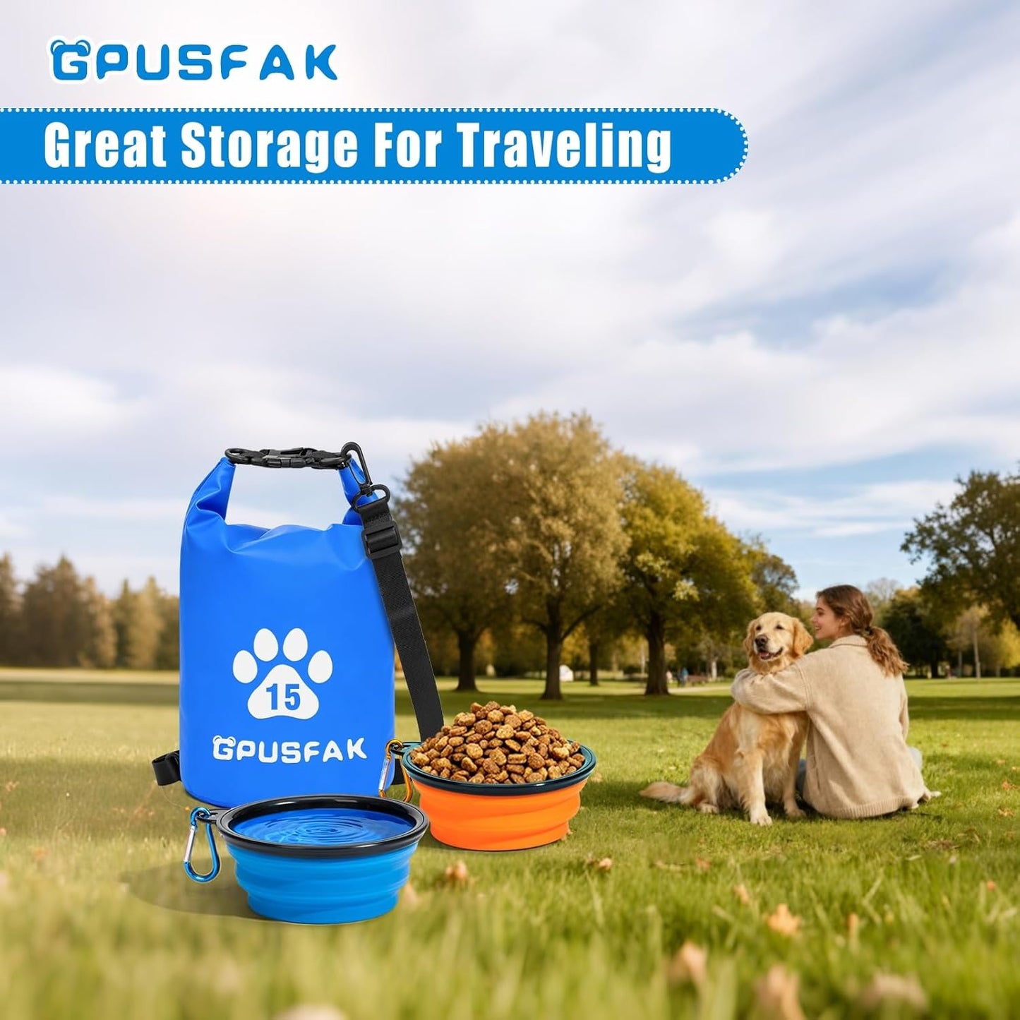 Zip Roll Top Pet Food Storage Bag with Travel Bowl(96 Cup) - Dog Food Travel Bag Waterproof Kibble Container for Camping Road Trips Dog Boarding Weekend Getaways Machine Washable 15L Blue