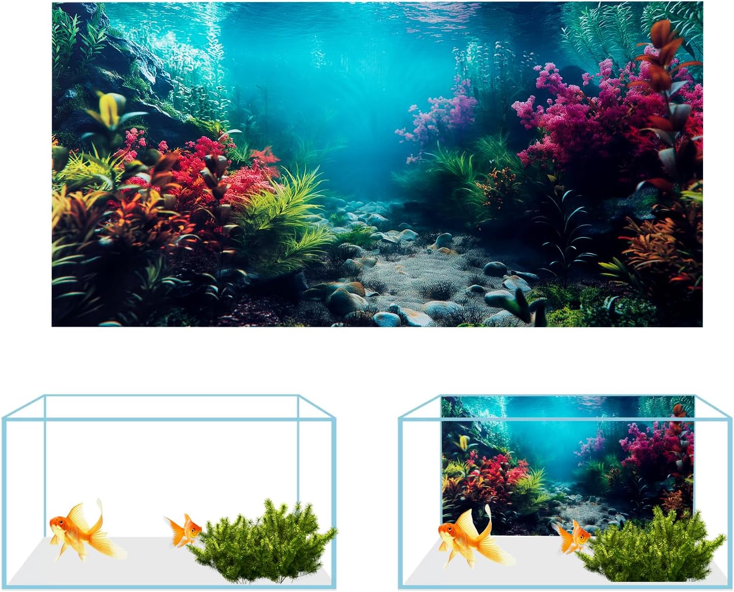 COMSUN 3 Pack Aquarium Background, 36x18 inches Polyester Aquarium Background, Cloth Fish Tank Background, Undersea Corals Sunshines & Rock Aquatic Plants
