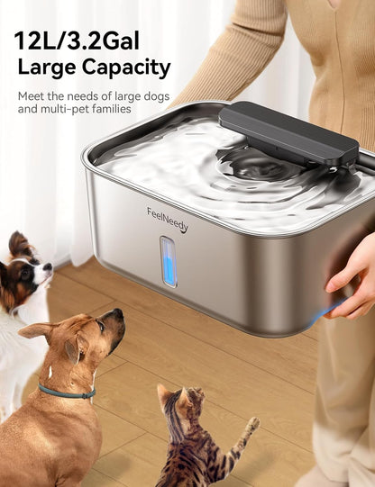3.2Gal/12L Dog Water Fountain for Large Dogs, Ultra-Quiet Stainless Steel Dog Water Bowl Dispenser with Swirling Water Flow, Pet Water Fountain with Visual Water Level for Large Dogs Cats & Multi-Pet
