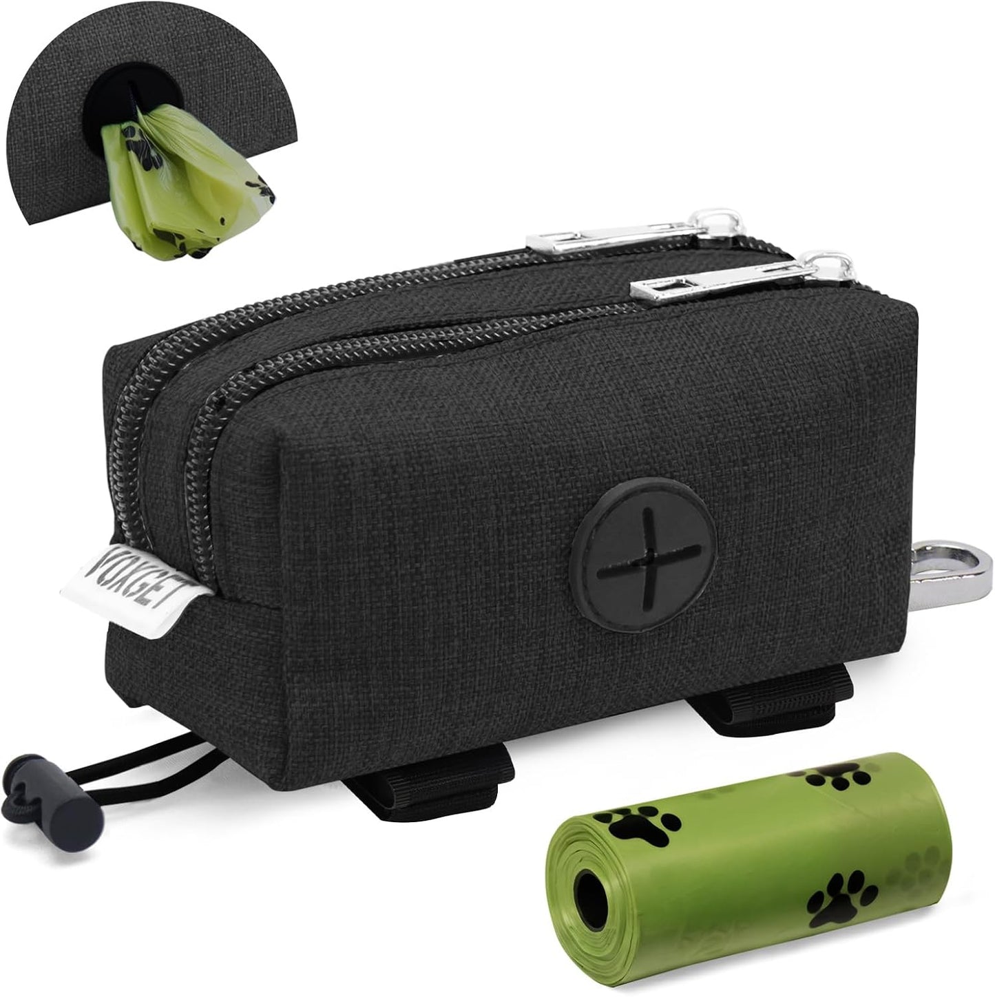 Dog Poop Bag Holder for Leashes, Puppy Treat Pouch Carrier with 2 Zipper Pockets and Clip for Pets Doggy Training, Dog Waste Bag Dispenser with 1 Roll Poop Bags for Walking Accessories (Black)