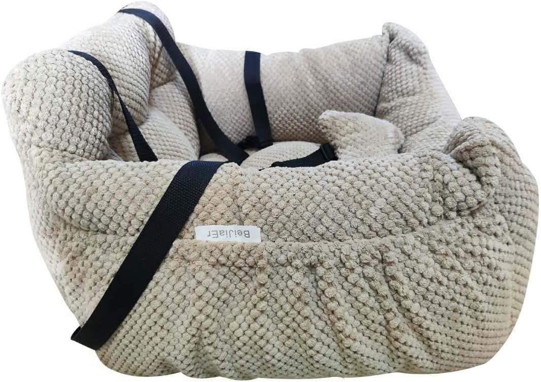 Series Deluxe Bucket Pets Dog Bed + Car Seat Carrier Booster Travel Safety with Two Removable Mats and Storage Pockets for Small Pets (Khaki)