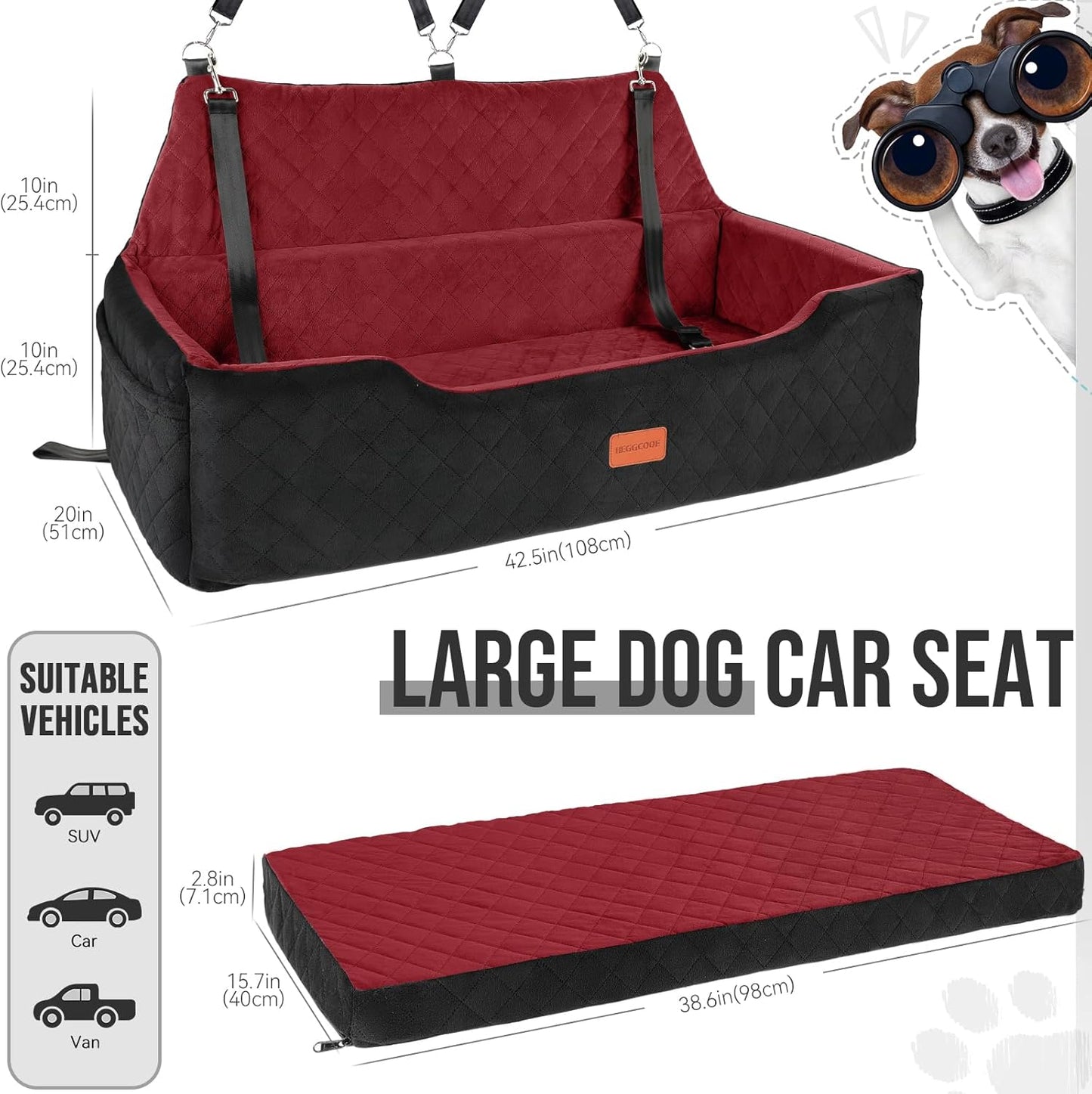 Large Dog Car Seat Under 100 lbs, Washable Dog Car Bed for 2 Medium Dogs, Detachable Pet Booster Seat with Storage Pocket and Seat Belt for Back Seat