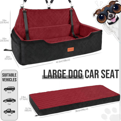 Large Dog Car Seat Under 100 lbs, Washable Dog Car Bed for 2 Medium Dogs, Detachable Pet Booster Seat with Storage Pocket and Seat Belt for Back Seat
