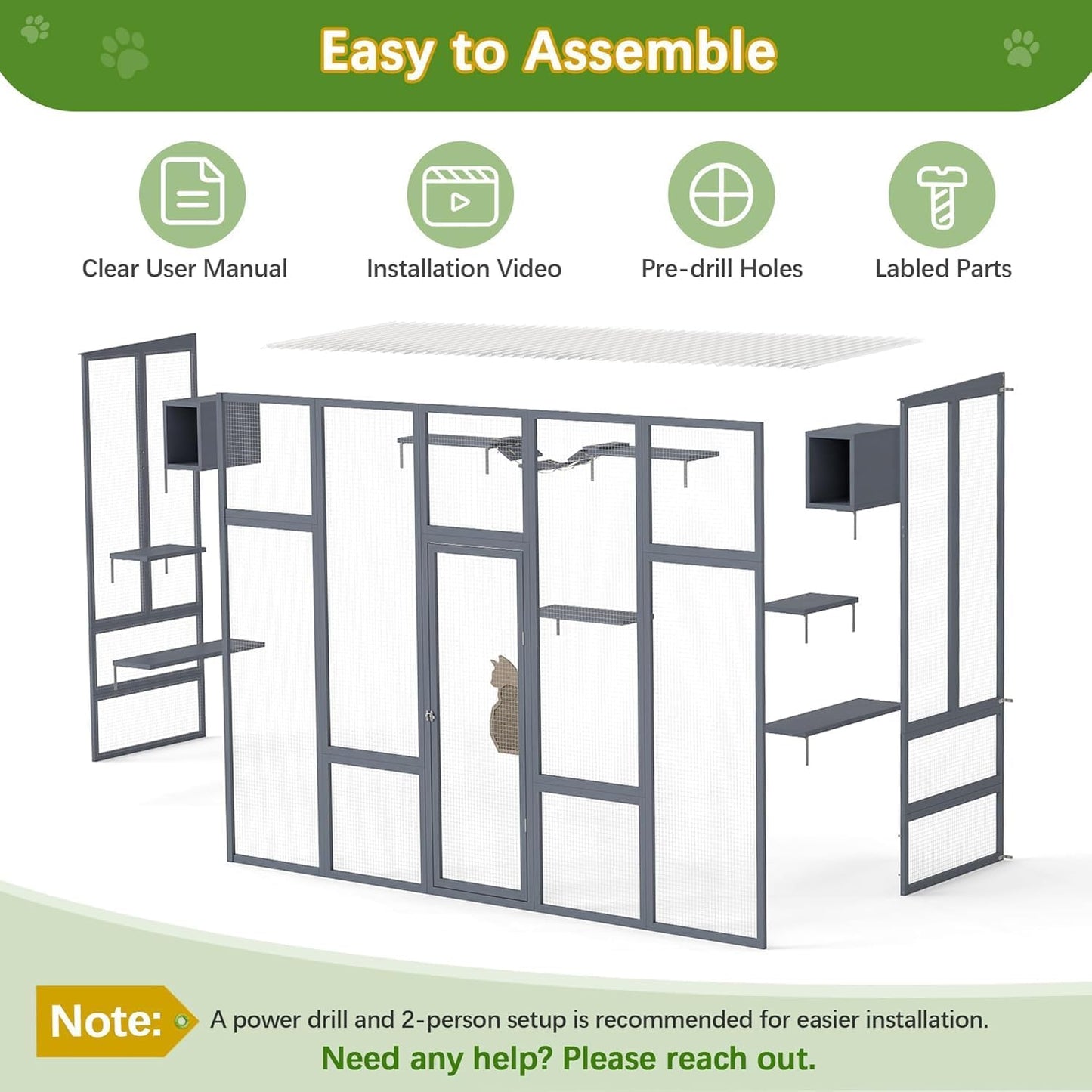 COZIWOW Catio Outdoor Cat Enclosure Window, 104" Wooden Large Catio Outside Cattery for Multiple Cats with Sloped Waterproof Cover, Grey