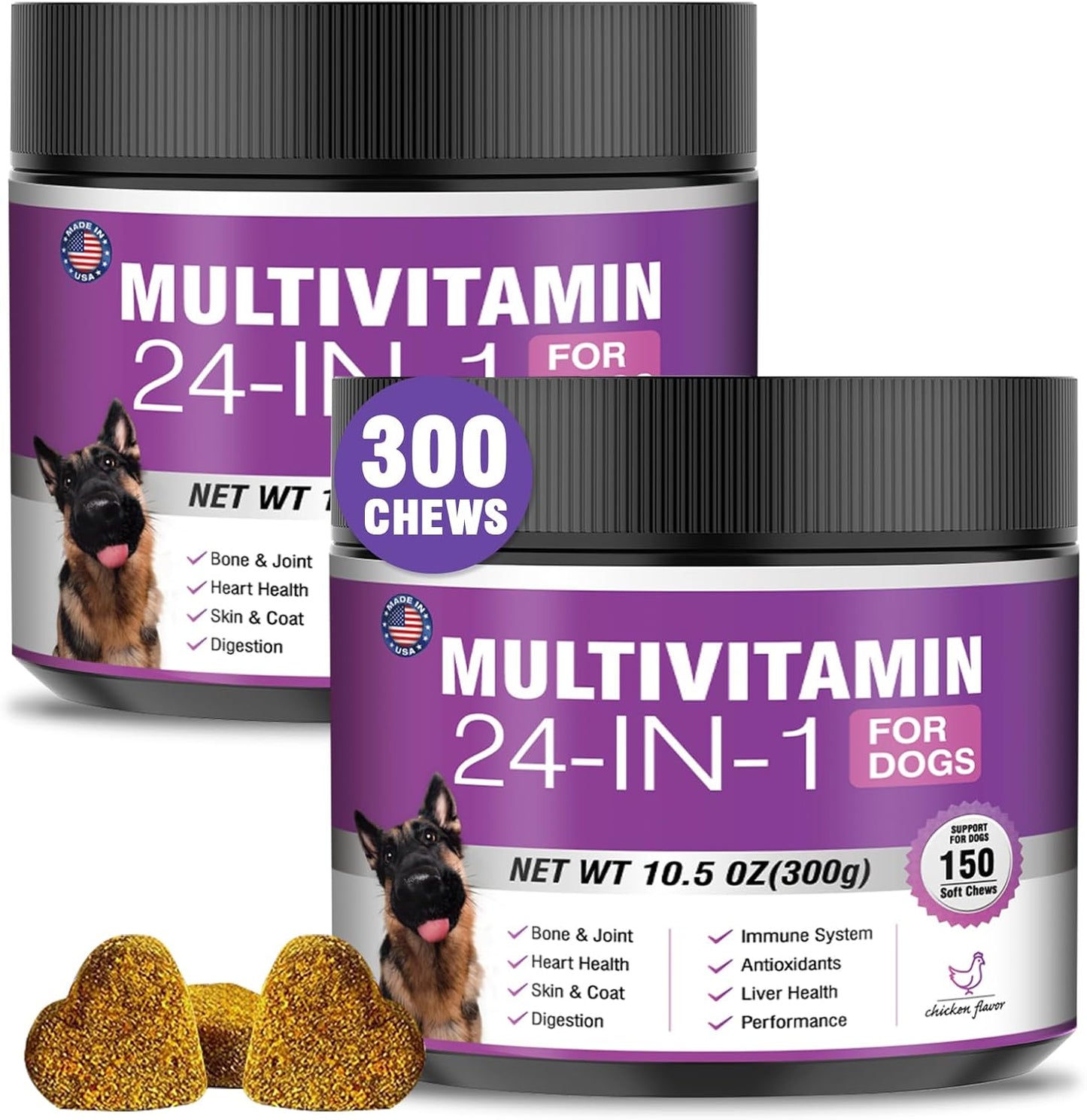 24-in-1 Dog Vitamins and Supplements 300 Ct Dogs Multivitamin Chewable Contain Chondroitin Probiotics Omega-3 Glucosamine for Dogs Skin Coat Heart Joint Gut Liver Brain Eyes Immune Support - Chicken