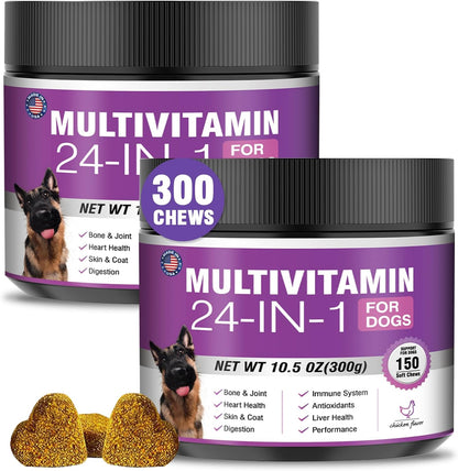 24-in-1 Dog Vitamins and Supplements 300 Ct Dogs Multivitamin Chewable Contain Chondroitin Probiotics Omega-3 Glucosamine for Dogs Skin Coat Heart Joint Gut Liver Brain Eyes Immune Support - Chicken