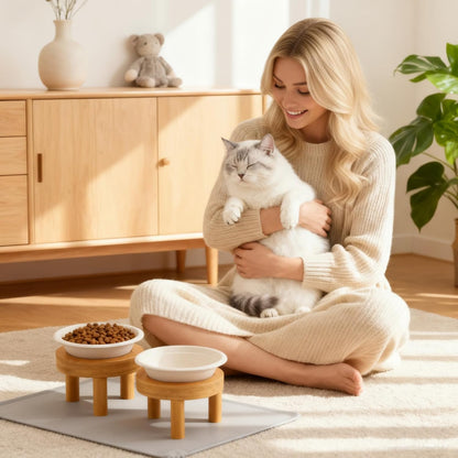 LemonRoad 53 Pcs Disposable Cat Bowls with Food Mat 50 Compostable Disposable Pet Bowls 2 Elevated Wooden Stand Cat Food and Water Dishes for Cats Puppies Travel Camping Outdoor Use