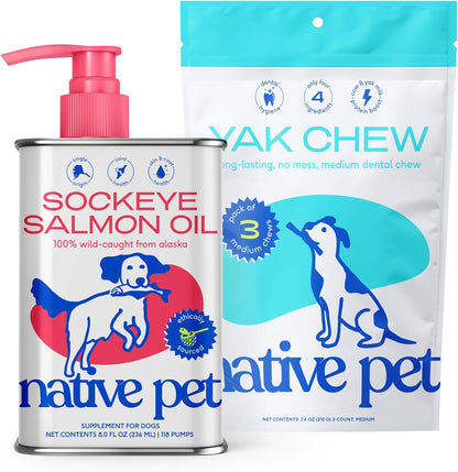 Native Pet Sockeye Salmon Oil for Dogs and Cats (8 Oz.) & Yak Chews (3 Medium Chews) - All Natural Dental Sticks Made with Yak Cheese & Pure Omega-3 Fish Oil Promotes Healthy Skin & Shiny Coat
