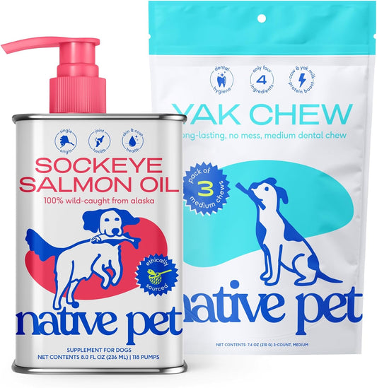 Native Pet Sockeye Salmon Oil for Dogs and Cats (8 Oz.) & Yak Chews (3 Medium Chews) - All Natural Dental Sticks Made with Yak Cheese & Pure Omega-3 Fish Oil Promotes Healthy Skin & Shiny Coat