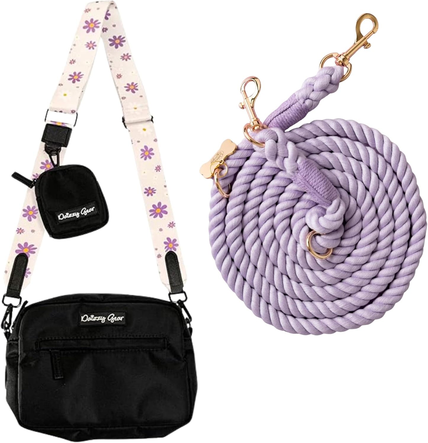 Dog Rope Leash + Crossbody Treat Bag with Poop Bag Dispenser - 44 LBS /6FT Medium Size Leash - Purple Daisy Dream