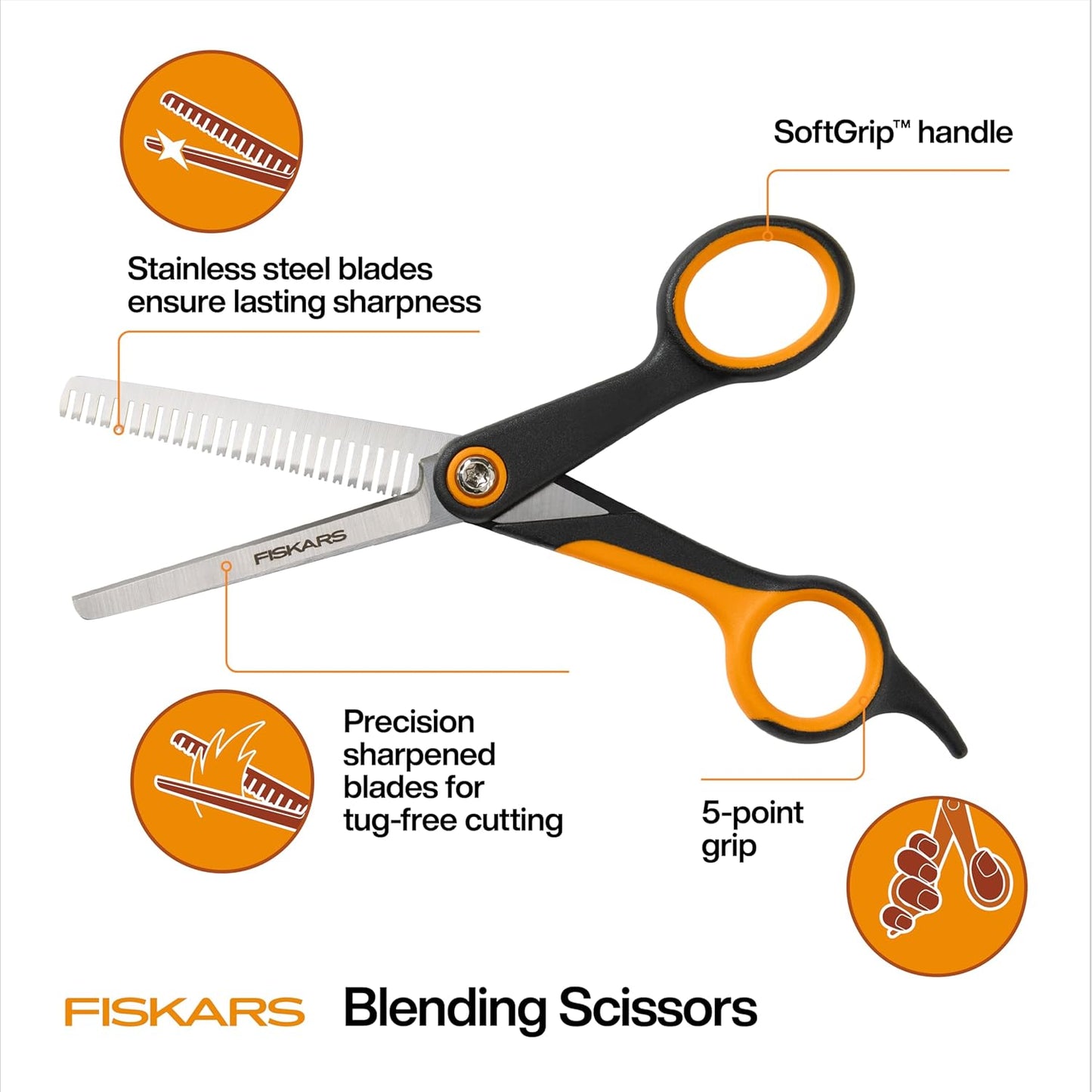 Fiskars Pet Blending Scissors, Dog and Cat Grooming Scissors, Serrated Teeth for Thinning & SoftGrip Handle, Cat and Dog Supplies, 6.5”, Orange/Black