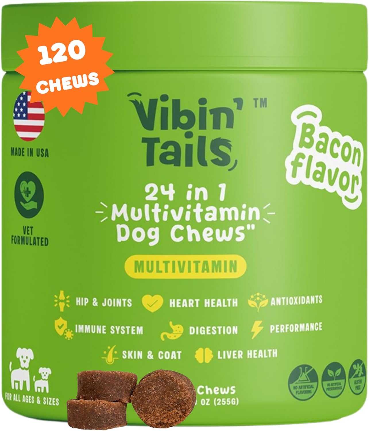 Vibin’ Tails Dog Multivitamin, Chewable Dog Vitamins and Supplements with Glucosamine, Chondroitin, Probiotics & Omega-3 for Hip & Joint, Skin & Coat – Puppy & Senior Multivitamin – 120ct