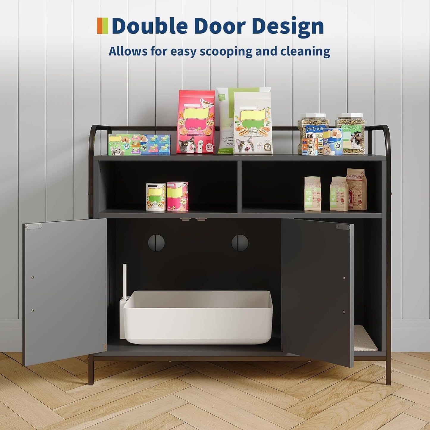 GAOMON Modern Cat Litter Box Enclosure with Metal Frame, Hidden Cat Litter Box Side Table with Dual Storage Shelves, Multi-Functional Indoor Cat House Cabinet for Living Room & Bedroom, Black