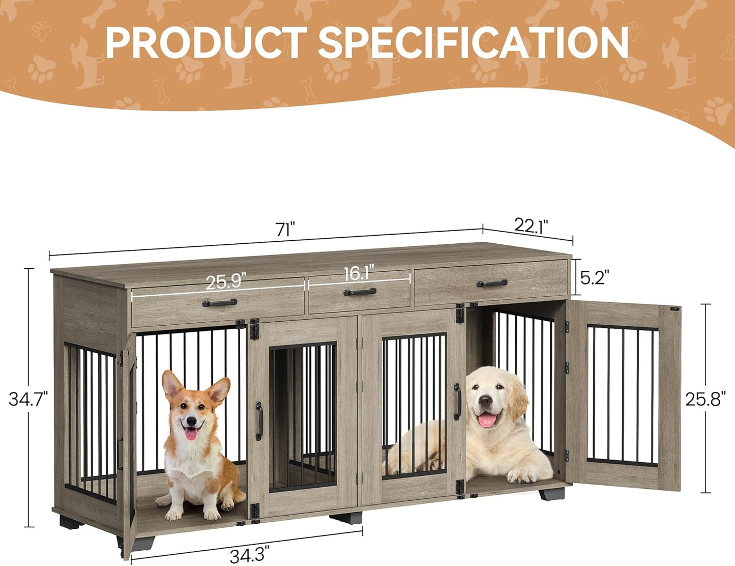 XXL Wooden Double Dog Crate Furniture for 2 Large or Medium Dogs – Indoor Kennel with 3 Drawers, Removable Divider, Double Doors, TV Stand & End Table, Classic Oak (Grey)