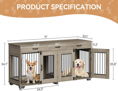 XXL Wooden Double Dog Crate Furniture for 2 Large or Medium Dogs – Indoor Kennel with 3 Drawers, Removable Divider, Double Doors, TV Stand & End Table, Classic Oak (Grey)