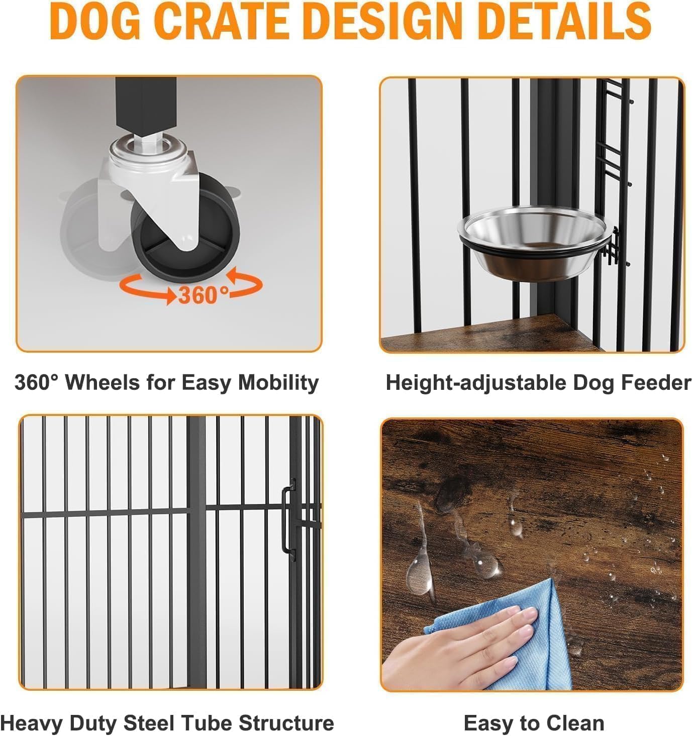 Dog Crate Furniture with Adjustable Height Feeder, Heavy Duty Dog House for Large Dogs with 360°Wheels for Easy Mobility, Decorative End Table Design(48''L x 29.92''W x 44.29''H)