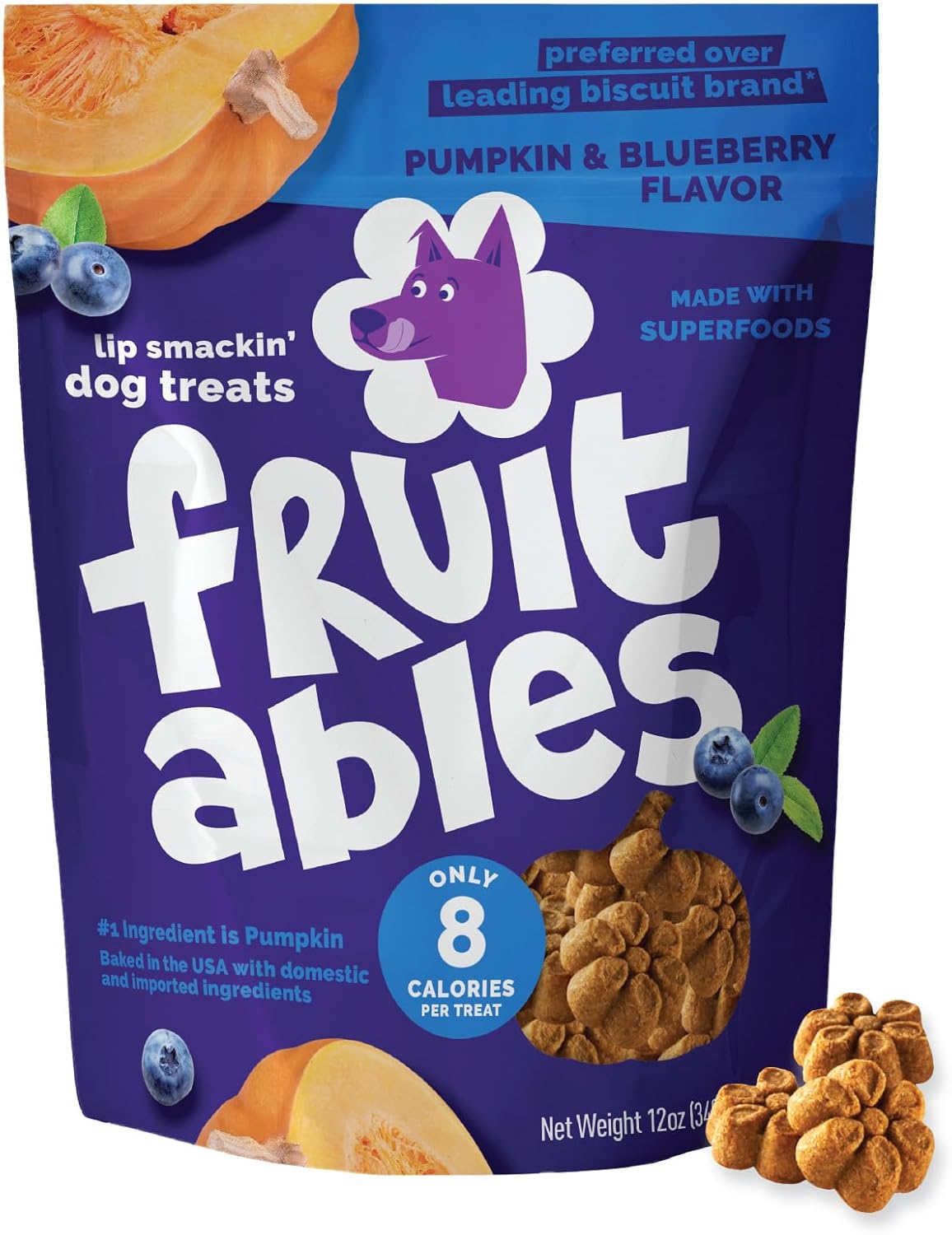 Fruitables Baked Dog Treats, Healthy Pumpkin Treat for Dogs, Low Calorie & Delicious, No Wheat, Corn or Soy, Made in the USA, Pumpkin and Blueberry Flavor, 12oz