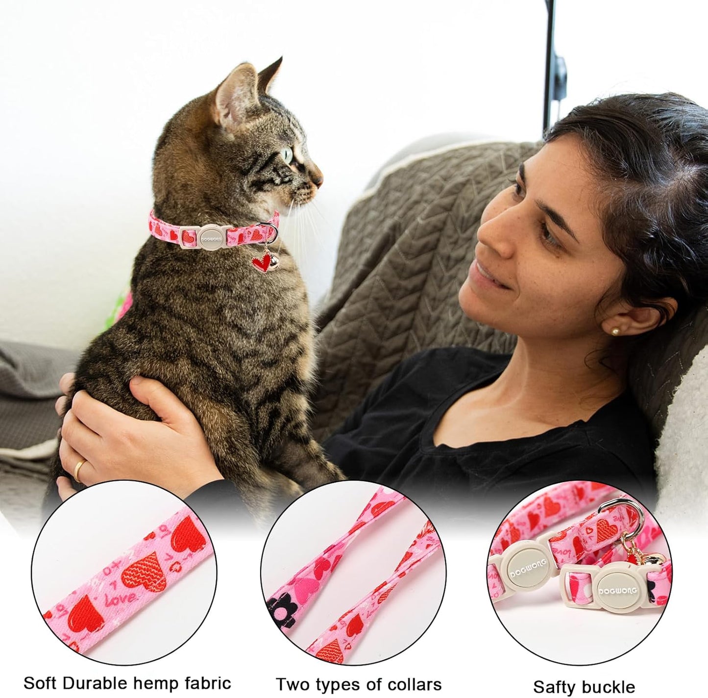 2 Pack Cat Collars Breakaway with Bell, DOGWONG Safety Buckle Valentine's Day Cat Collar Pink Heart for Girl Boy Cats and Small Dogs，Adjustable 7-12 Inch,Pet Supplies Accessories