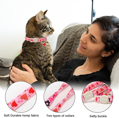 2 Pack Cat Collars Breakaway with Bell, DOGWONG Safety Buckle Valentine's Day Cat Collar Pink Heart for Girl Boy Cats and Small Dogs，Adjustable 7-12 Inch,Pet Supplies Accessories