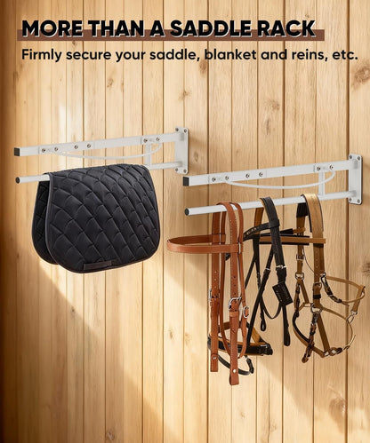 Queension Wall Mounted Saddle Rack with Pad Bar, Heavy Duty Horse Saddle Stand with for English & Western Saddles, Saddle Pad Rack for Horses Blanket, Tack Storage, White