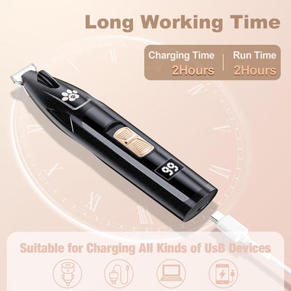 Dog Paw Trimmer with LED Display, 35dB Low Noise Electric Dog Clippers for Grooming, Cordless 20mm-Blade for Trimming Dog's Hair Around Paws, Eyes, Ears, Face, Rump with LED Light (Black)