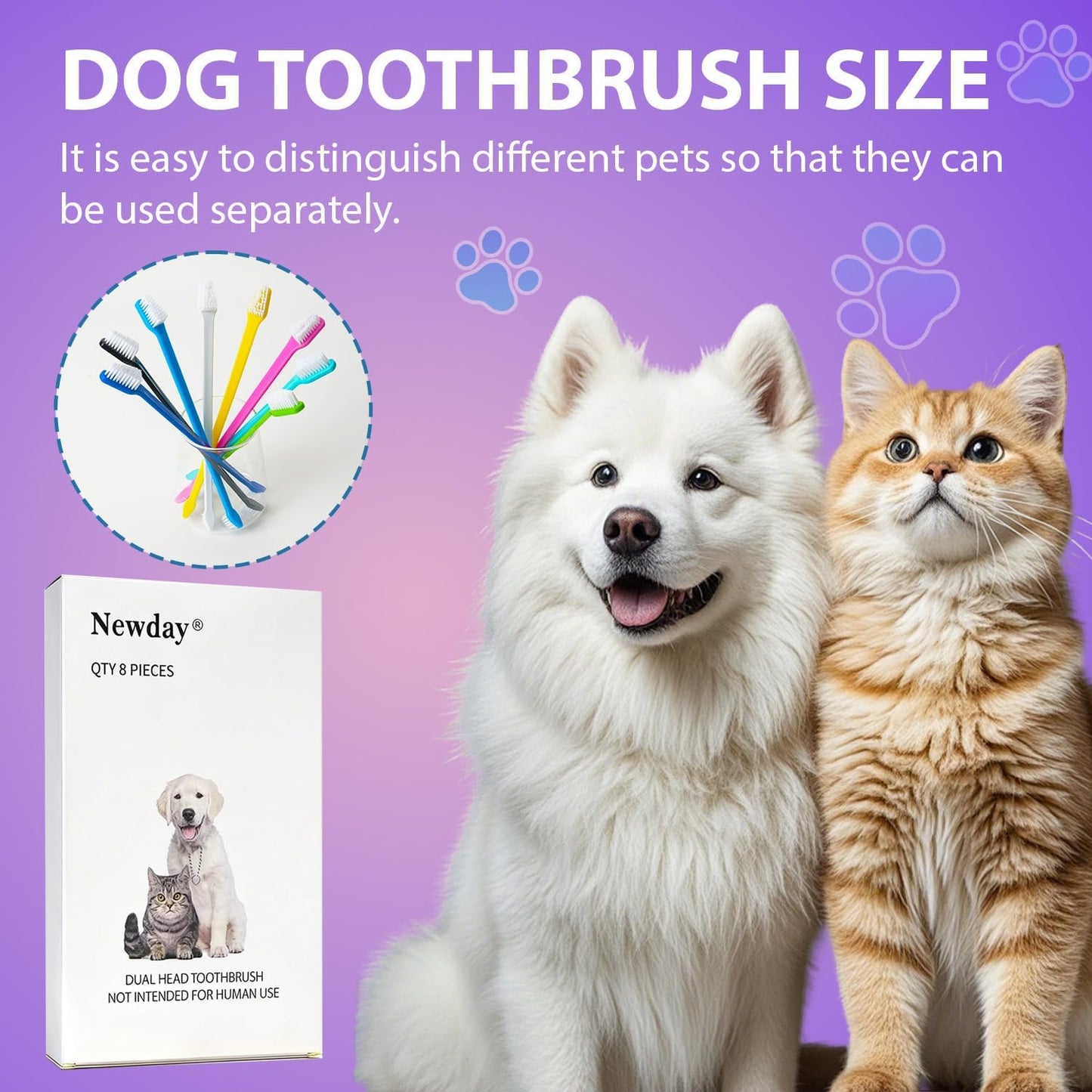 Newday Dog Toothbrush Set of 8 - Dual Headed, Dental Hygiene Convenient Soft Toothbrush to Clean pet Teeth, Dog Tooth Brushes for Small to Large Dogs, Cats, and Most Pets, Teeth Brush in Bulk