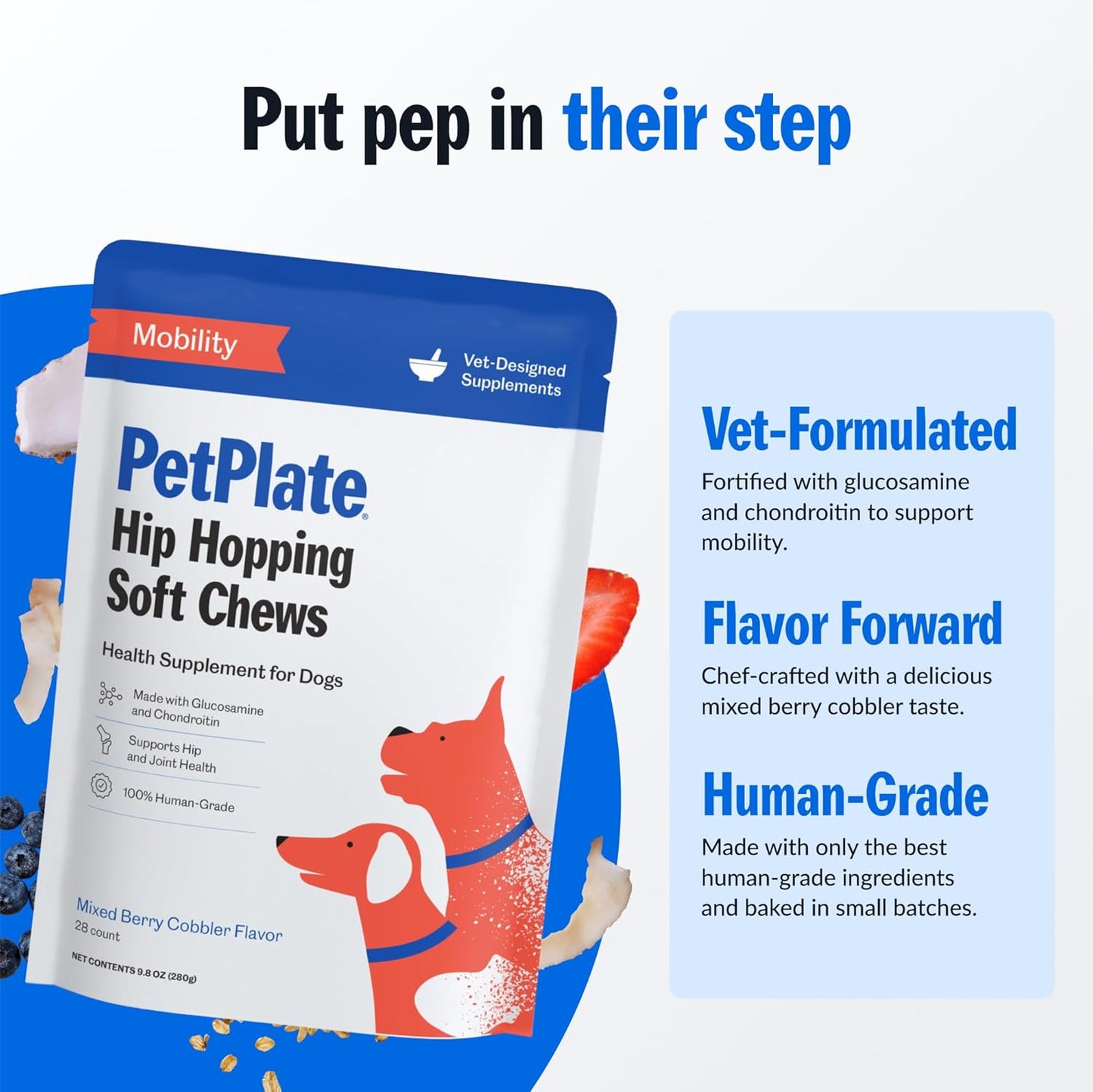 PetPlate Hip Hopping Soft Chews for Dogs, Hip and Joint Supplements, Organic and Human-Grade Ingredients, Mobility Support, Pet Supplies (Pack of 1, 9.8 Ounce)